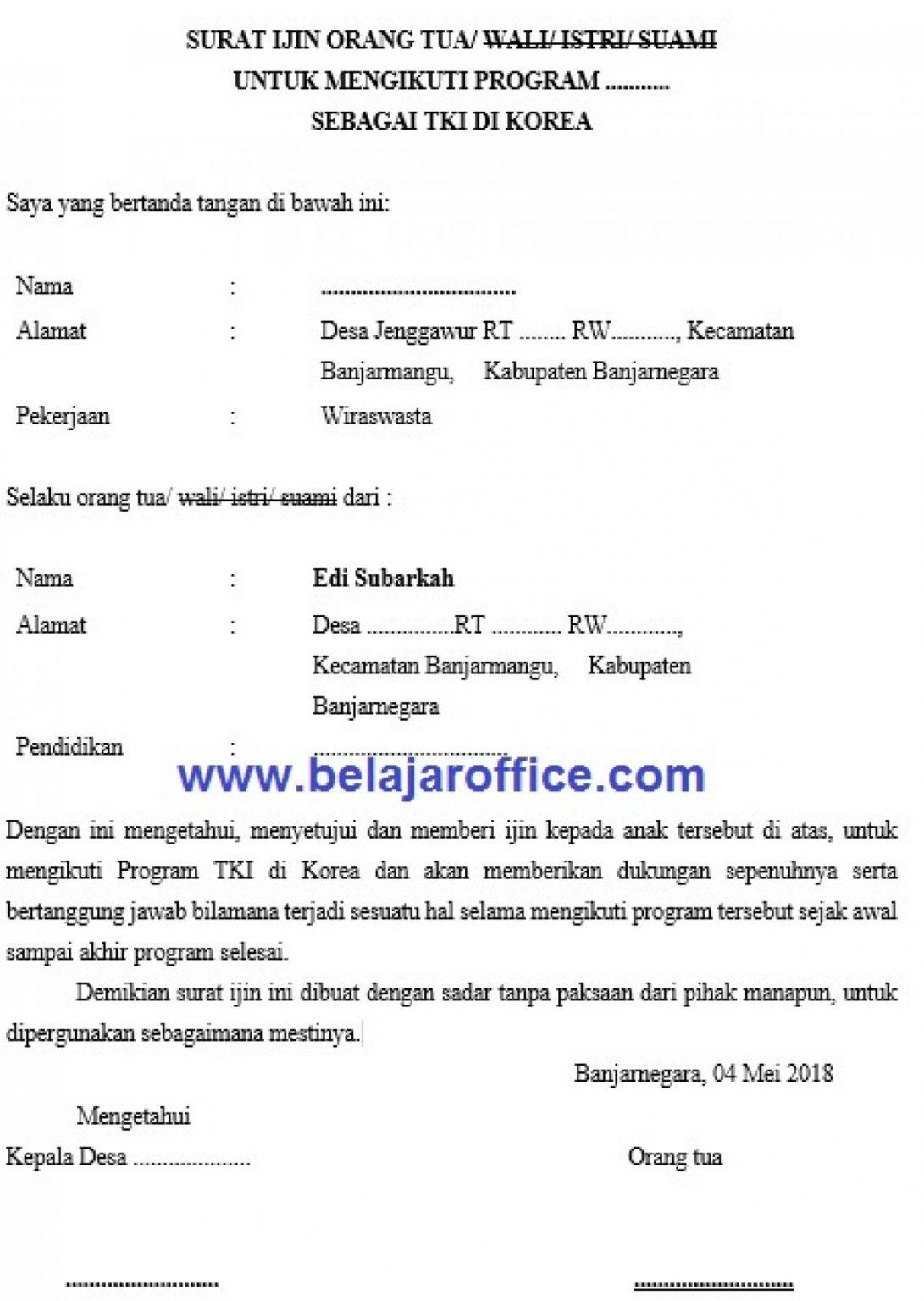 Contoh Surat Izin Orang Tua Untuk Bekerja Di Luar Negeri Contoh Surat Izin Orang Tua Untuk Bekerja Di Luar Negeri